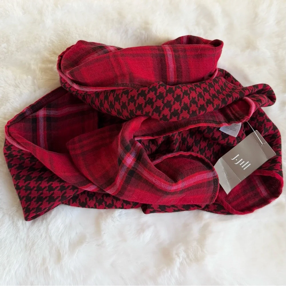 J JILL NWT Double-Face Infinity Scarf Houndstooth Plaid Scarlet Red Black
